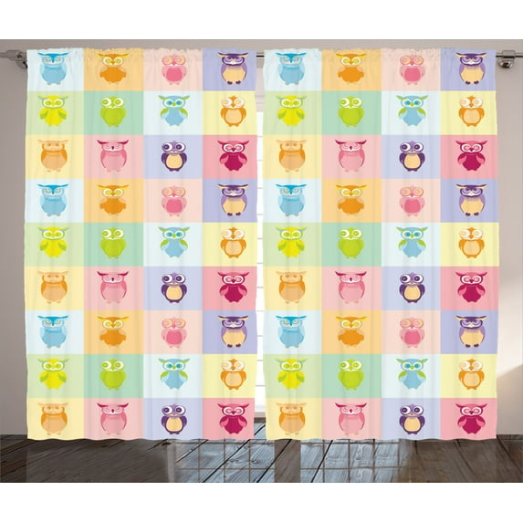 Ambesonne Cartoon Curtains 2 Panel Set, Colorful Owl, 108" x 84", Purple Yellow and Pink