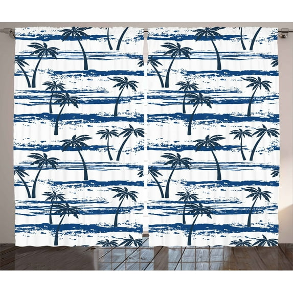 Ambesonne Tropical Curtains 2 Panel Set, Romantic Sea and Palm, 108" x 90", Navy Blue