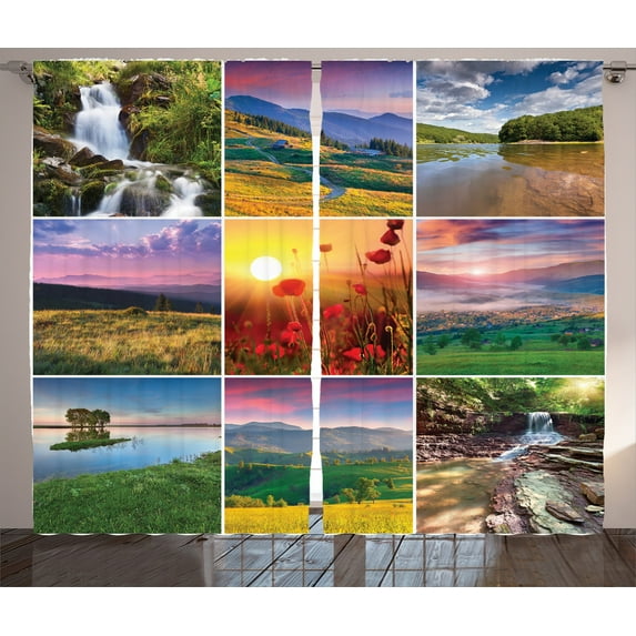 Ambesonne Nature Curtains 2 Panel Set, Summer Home Landscape, 108" x 90", Red Yellow Green