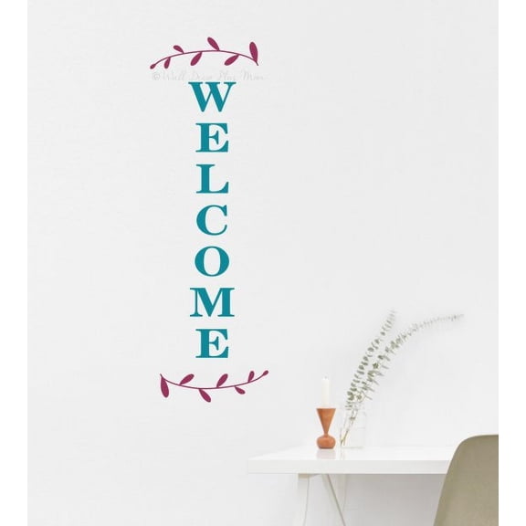 Home Decor Decals | Welcome Vinyl Lettering | Laurel Wreath Decorative Wall Art Stickers Berry/Teal