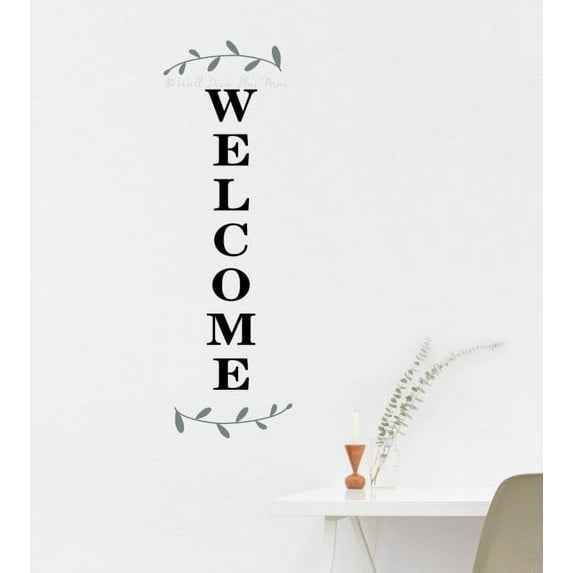 Home Decor Decals | Welcome Vinyl Lettering | Laurel Wreath Decorative Wall Art Stickers Storm Gray/Black