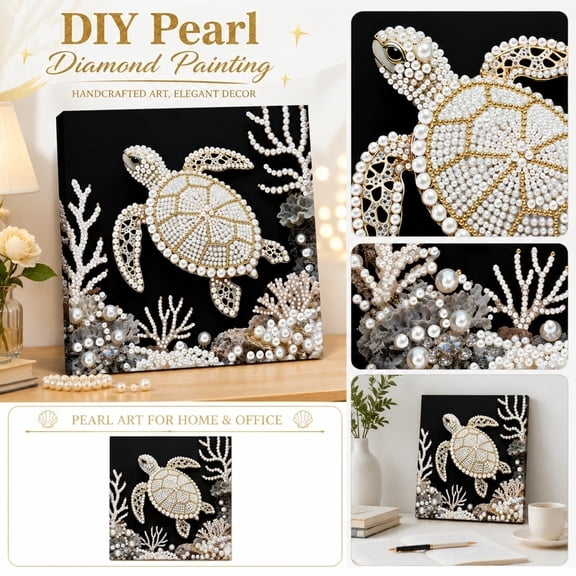 Home Decor, Diamond Art Painting, Beach Wall Decor, Black and White Wall Art, Handmade Pearl-Embellished Sea Turtle Canvas Painting 10X10X1 Inch Perfect for Tabletop Placement in