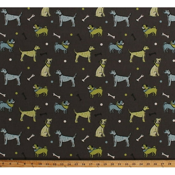 Home Decor Dogs Tossed Blue Green Adorable Dogggies Balls Bones on Dark Taupe Decorator Upholstery Weight Fabric by the Yard (D451.09)