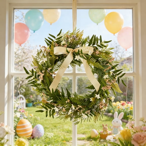 Home Decor Easter Wreath 1 Piece Bunny Wreath With Bow Suitable For Indoor And Outdoor Such As Front Doors Walls And Windows Easter Home Green