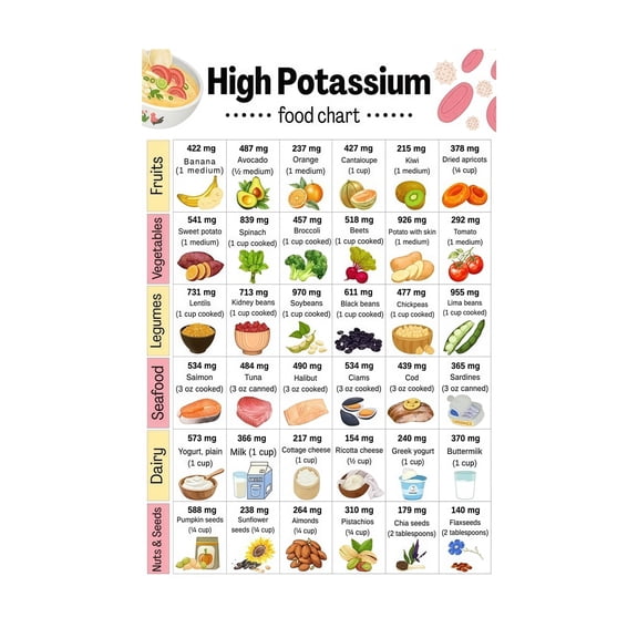 Home Decor Educational Wall Art Heart Healthy Potassium Guide Poster Comprehensive High Potassium Foods Chart for Blood Pressure Support