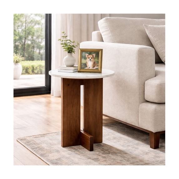 Home Decor End Table, Side Table, or Night Stand - Round Marble Top with Interlocked Mango Wood Base for Small Spaces - Modern Accent Table for Bedroom and Living Room Decor - 22" White & Brown