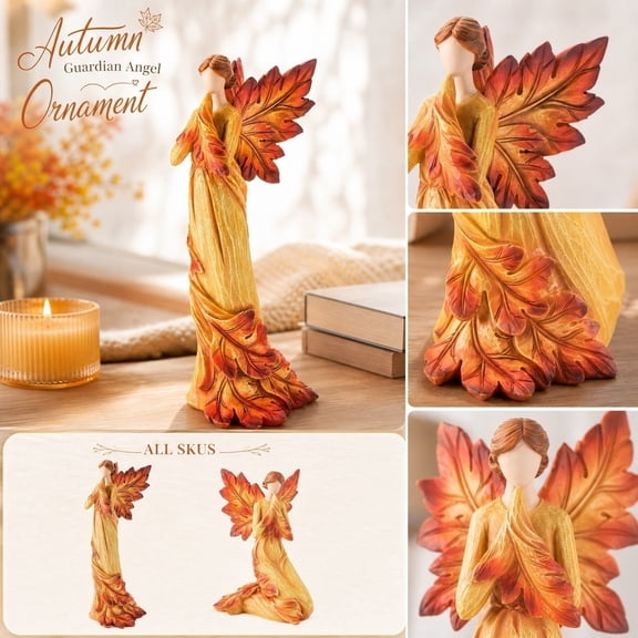 Home Decor, Fall Home Decor Indoor, Fall Shelf Decor, Angel Statue, Thanksgiving Decorations Indoor, 6X2 Inch Handpainted Autumn Maple Leaf Winged Angel Statue, Warm Fall Tone