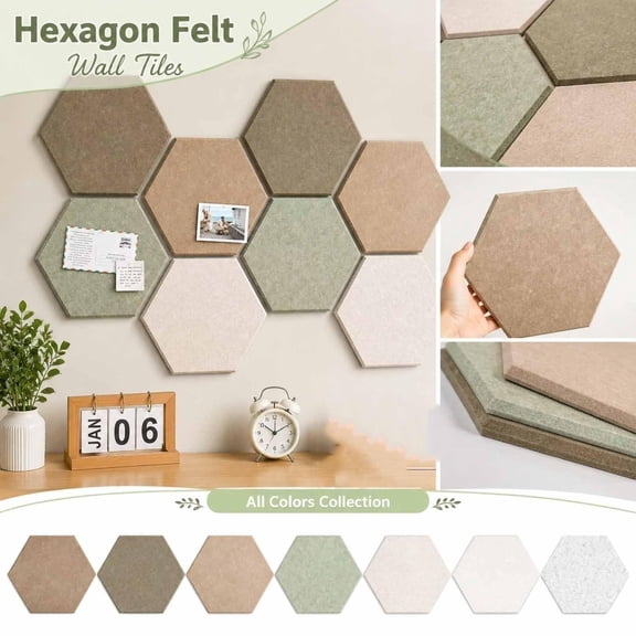 Home Decor, Felt Bulletin Board, Wall Panels for Interior Wall Decor, Dorm Room Wall Decor, 12X10 Inch 8 Pack Hexagon Felt Wall Tiles with 30 Decorative Push Pins, Soft Neutral