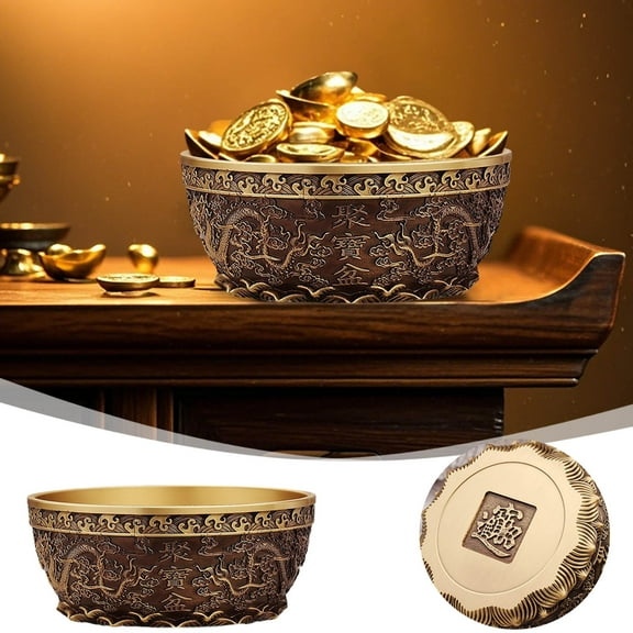 Home Decor Feng Shui Wealth Position Bowl Pure Copper 415 Grams 0.92 Pounds Double Appearing Base Wealth Treasury With Wealth Inscription Desk Altar Sacred Decorat Desktop Ornament 4.7"