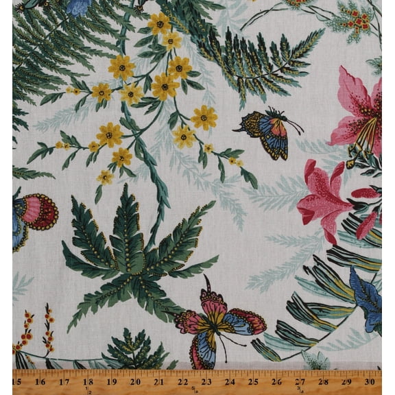 Home Decor Floral Ferns Leaves Butterflies White 54" Wide Linen Blend Fabric by the Yard (D795.47)