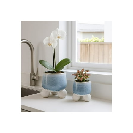 Home Decor Flower Pots and Planters - Glazed Ceramic Plant Pots with Sculptural Ball Feet for Indoor/Outdoor Use - Decorative Pots Perfect for Patio or Garden Accent -Set of 2; 11", 8" Blue & White
