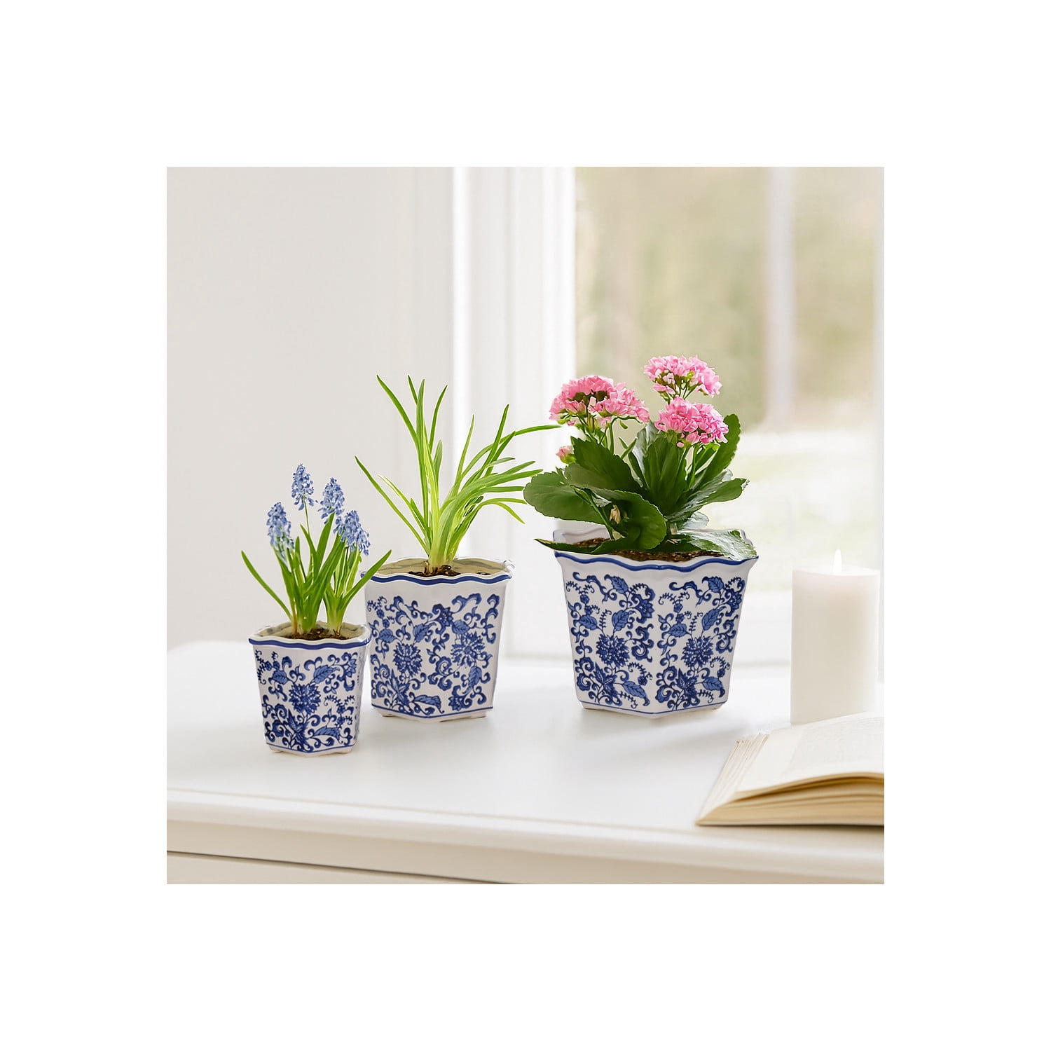 Chinoiserie Flower Pots for Home Decor - Stoneware Ceramic Bowls with Floral Design for Planters for Indoor and Outdoor Plants - Pots For Plants Accent for Garden - Set of 3, 9", 8", 7", Blue & White