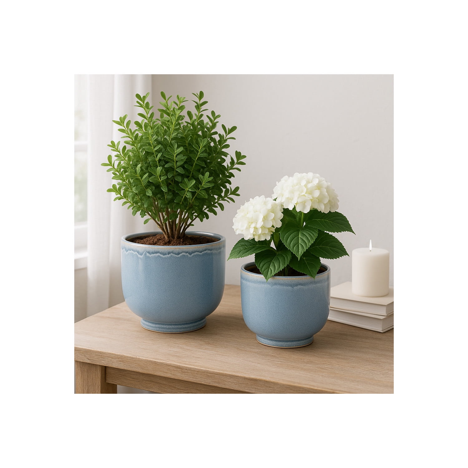 Elegant Glazed Ceramic Flower Pots for Home Decor - Planters for Living Room Decor, Patio, and Garden Styling - Decorative Pots for Plants for Indoor and Outdoor - Set of 2, 8", 6", Blue