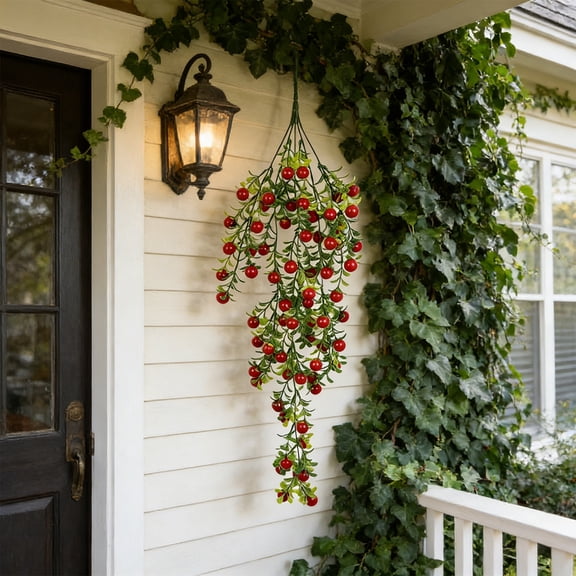 Home Decor Fruit Vines Wall Mounted Floral Arrangement, Faux Hanging Flower Bouquet for Porch Courtyard, Lifelike Artificial Greenery with Berries, No Fade Outdoor Use