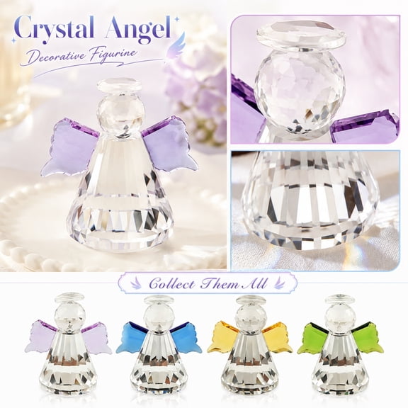 Home Decor, Guardian Angel, Blue Christmas Decorations, Statues for Home Decor, 2.5X2.5 Inch Faceted Clear Crystal Tabletop Figure with Blue Translucent Wings, Desk Decor, Winter