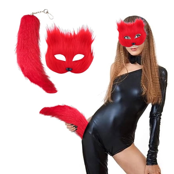 Home Decor Halloween Fox Mask and Tail Set, Plush Animal Half Face Mask with Tail for Party and Dance, Red