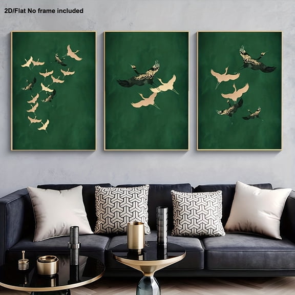 Home Decor, Halloween, Thanksgiving, Christmas, New Year Holiday Gift, 3pcs Emerald Green and Golden Flying Crane Canvas Art Prints - Minimalist Japanese Vertical Wall Décor, Frameless Bird Posters