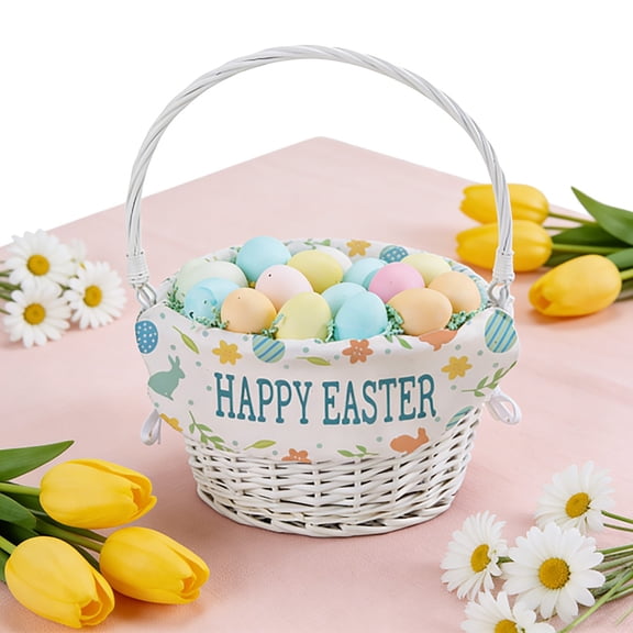 Home Decor Happy Easter Personalized White Easter Basket – Embroidered Easter Flowers Basket Liner – Custom Kids Easter Egg Basket 11.8" x 7.1"