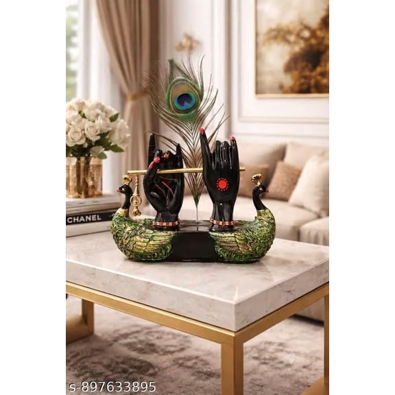 Home Decor Hub Radha Krishna Hands Black Peacock showpiece with Flute for Home Decor and Gift Decorative Item for Living room