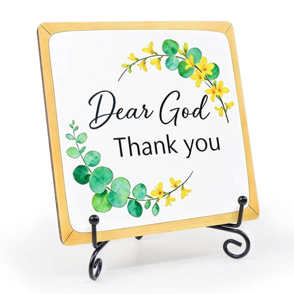 Home Decor Inspirational Wooden Sign with Stand, Dear God Thank You, Farmhouse Shelf Decor for Living Room (Style 1)