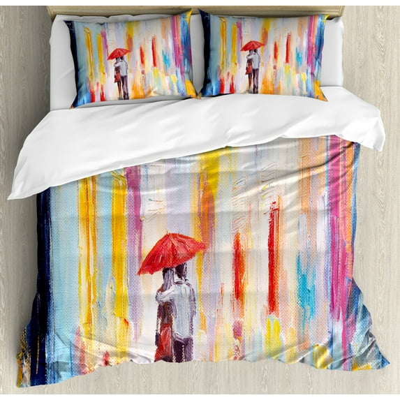 Home Decor King Size Duvet Cover Set, Silhouette of a Love Couple in Street Rainy Day Romance in Urban City Life Design, Decorative 3 Piece Bedding Set with 2 Pillow Shams, Multi, by Ambesonne