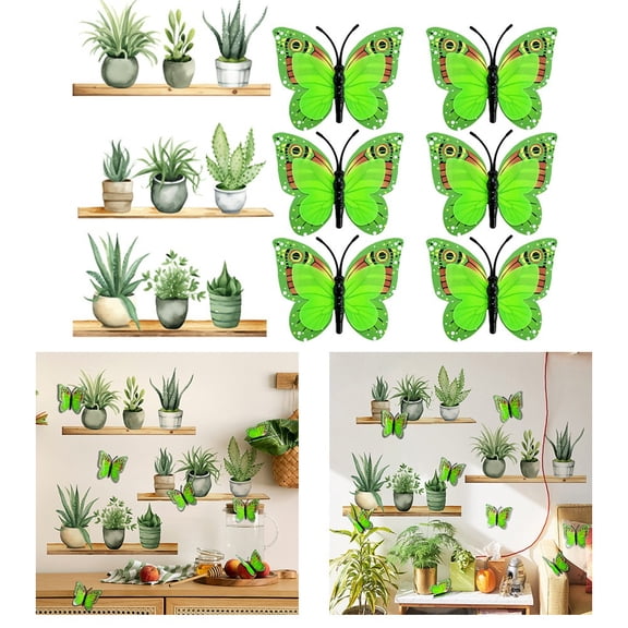 Home Decor Kitchen Green Plant Wall Stickers 6Pcs Luminous Double-Layer 3D Butterfly