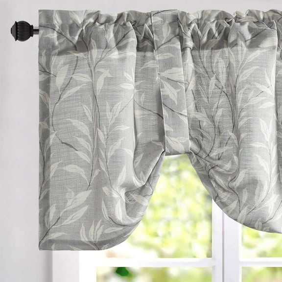 VOGOL Home Decor Leaves Pattern Tie-up Curtains, Printed Valances Shades for Cafe Kitchen, Rod Pocket, 52x18 inch, Grey