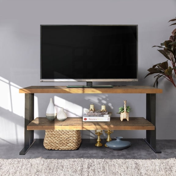 Home Decor Media Console Table - One Shelf with Natural Reclaimed Wood & Black Finish