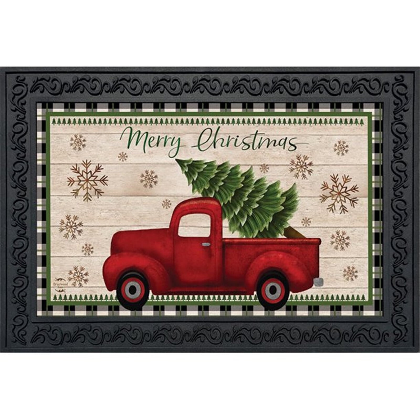 Home Decor Merry Christmas Pickup Truck Doormat Indoor Outdoor 18 Red