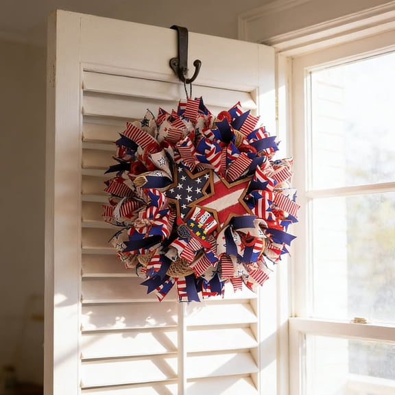 Home Decor Patriotic Star Ribbon Wreath American Flag Fabric Wreath with Stars and Stripes Rustic Independence Day Red White Blue Door Wreath for 4th of July Independence Day Front Door Porch