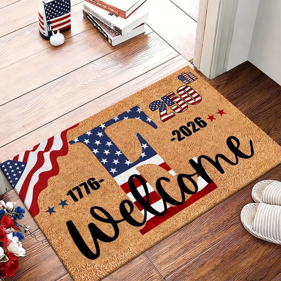 Home Decor Patriotic Welcome Doormat for Outdoor Indoor Entrance Farmhouse 1776-2026 USA 250th Anniversary Initial Letter Rug Entryway Mat with American Flag Design for 4th of July Independence Day