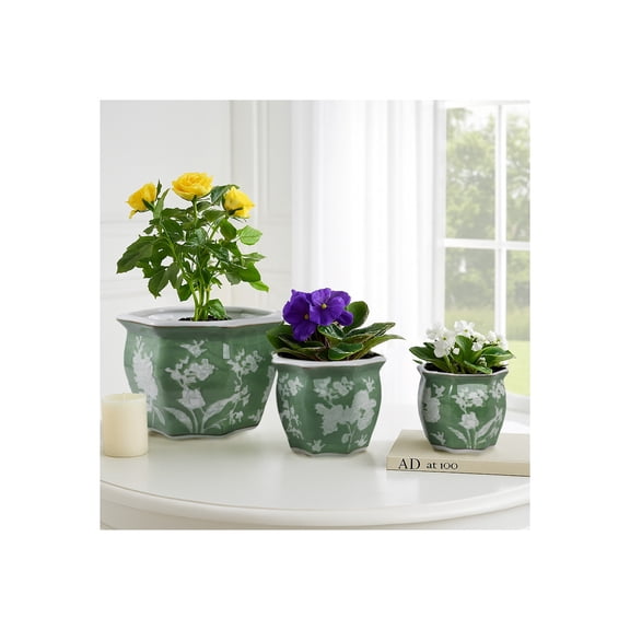 Ceramic Floral Planters for Indoor or Outdoor Succulents or Ferns - Planters and Flower Pots for Home Decor - Plant Pots That Make Your Garden and Patio Pop - Set of 3, 9", 8", 7" Green & White