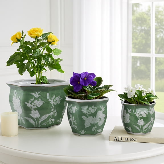 Sagebrook Home Floral Design Planters for Indoor & Outdoor Decor - Flower Pots for Backyard, Plant Display - Set of 3, 9", 8", 7", Green & White