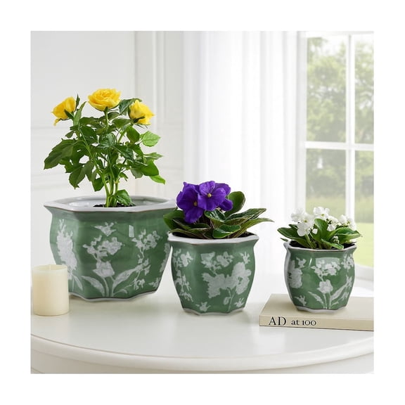 Ceramic Floral Planters for Indoor or Outdoor Succulents or Ferns - Planters and Flower Pots for Home Decor - Plant Pots That Make Your Garden and Patio Pop - Set of 3, 9", 8", 7" Green & White