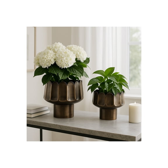 Scalloped Pedestal Flower Pots for Home Decor - Modern Metal Planters for Outdoor Styling and Indoor Plants - Garden Style Plant Pots for Shelf, Mantel, or Tabletop Display - Set of 2, 11", 8", Gold