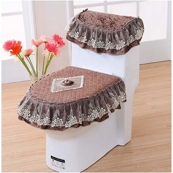 Home Decor Pleuche Lace Toilet Accessories Tank Cover Lid Cover Toilet Seat Cover, Set of 3