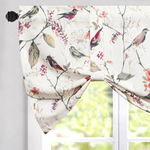 VOGOL Home Decor Purple Bird Tie-up Curtains, Floral Printed Valances Shades for Cafe Kitchen, Rod Pocket, 52x18 inch