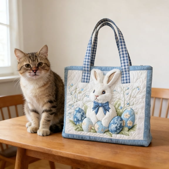 Home Decor Rabbit Canvas Handbag Cute Animal Handbag Rabbit Pattern Shoulder Handheld Shopping Easter Bunny Egg Sunflower Pattern 11.8"