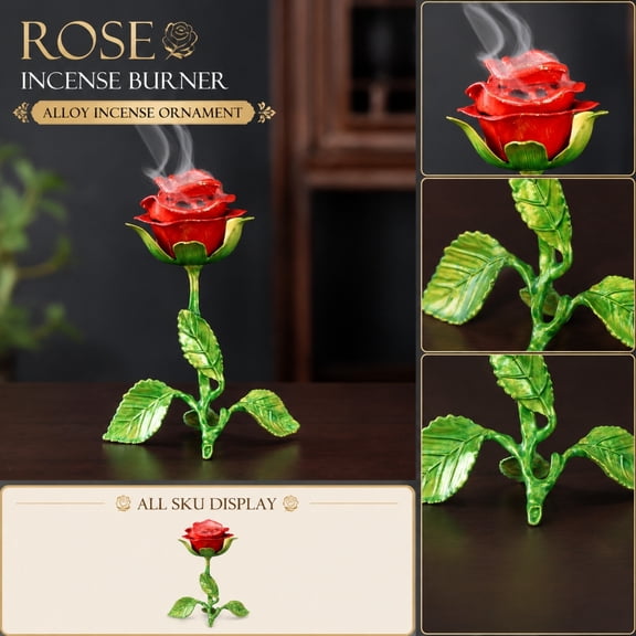 Home Decor, Red Room Decor, Floral Decor, Cone Incense Burner, Stick Incense Holder, 6X4.5X3 Inch Enamel Finish Metal Rose Shaped Incense Burner, Tabletop Decor, Spa Decor, Yoga