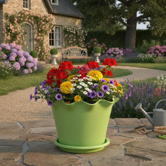 Home Decor Ruffled Plastic Flower Pots Lily Style Wave Edge, Beautiful Durable Indoor Outdoor Plant Container, Lightweight Faux Ceramic with Drainage Holes for Succulents Herbs