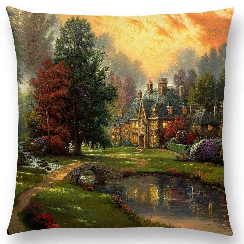 Home Decor Rustic Oil Painting Cushion Cover Beautiful Landscape Castle
