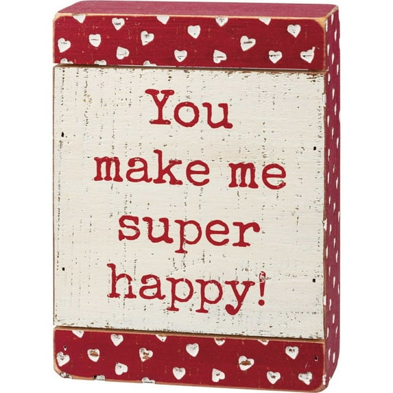 Home Decor Slat Sign Box - Super Happy Wood Hearts Red White 108826