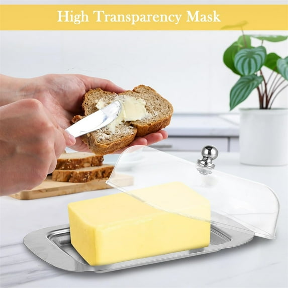 Home Decor Stainless Steel Butter Dish With Lid And Handle Stainless Steel Butter Dish Capacity For 250 G Butter Suitable For Storing Cheese Cold Dishes Cakes Desserts Fruits,Silver,18.6X6.5X12CM