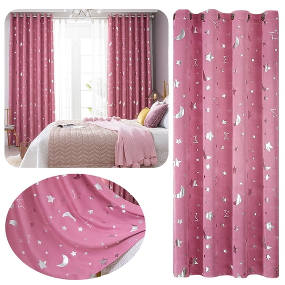 Home Decor Star Moon Blackout Curtains for Kids, Thermal Insulated Window Drapes for Bedroom, Nursery and Children's Room, Pink
