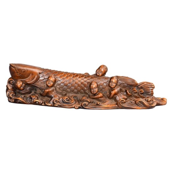 Home Decor Statu Carved Wooden Sculpture Children Carp Fish Chinese Abundance Plenty Prosperity Success Harvest Growth Fertility