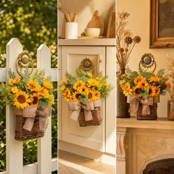 Home Decor Sunflower Hanging Basket, Woven Wall and Door Floral Arrangement for Entryway Interior Hanging Decoration