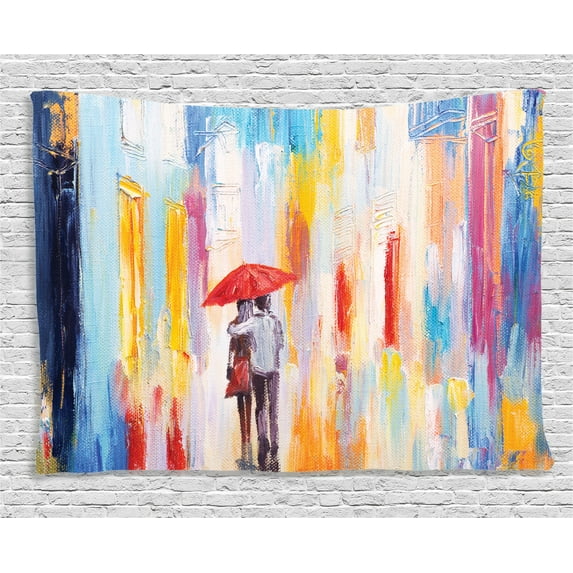 Home Decor Tapestry, Silhouette of a Love Couple in Street Rainy Day Romance in Urban City Life Design, Wall Hanging for Bedroom Living Room Dorm Decor, 80W X 60L Inches, Multi, by Ambesonne