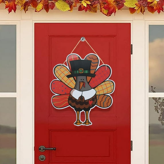 Home Decor Thanksgiving Turkey Door Sign Decor Wooden Wreath For Front Door Hanger Yard Farmhouse Home Gobble Sign Rustic Autumn Sunflowers Pumpkins Thanksgiving Party Door Hanging Decoration