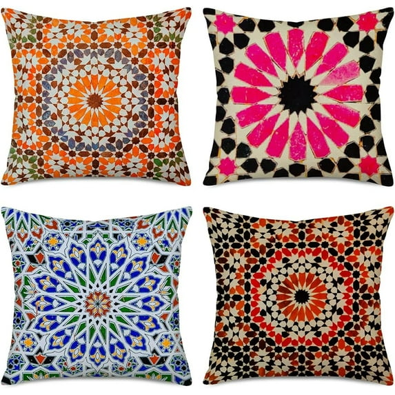 Home Decor Throw Pillow Covers Set of 4 Mandala Decorative Pillow Cases 18 x 18 Inch Colorful Geometric Outdoor Boho Cushion Cover for Sofa Couch Car Office