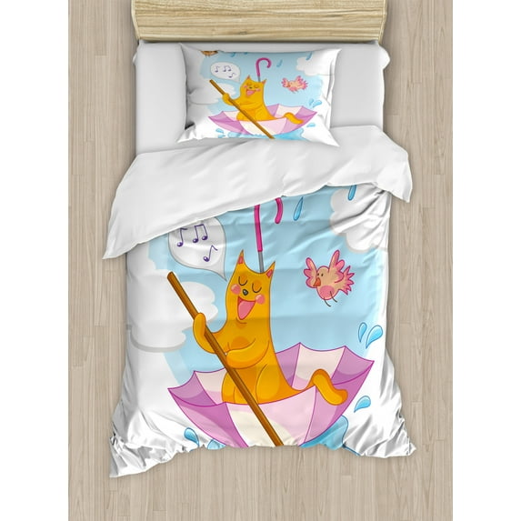 Home Decor Twin Size Duvet Cover Set, Cute Cat under the Umbrella Sail in the Clouds and Humor Cartoon Kids Nursery Theme, Decorative 2 Piece Bedding Set with 1 Pillow Sham, Multi, by Ambesonne